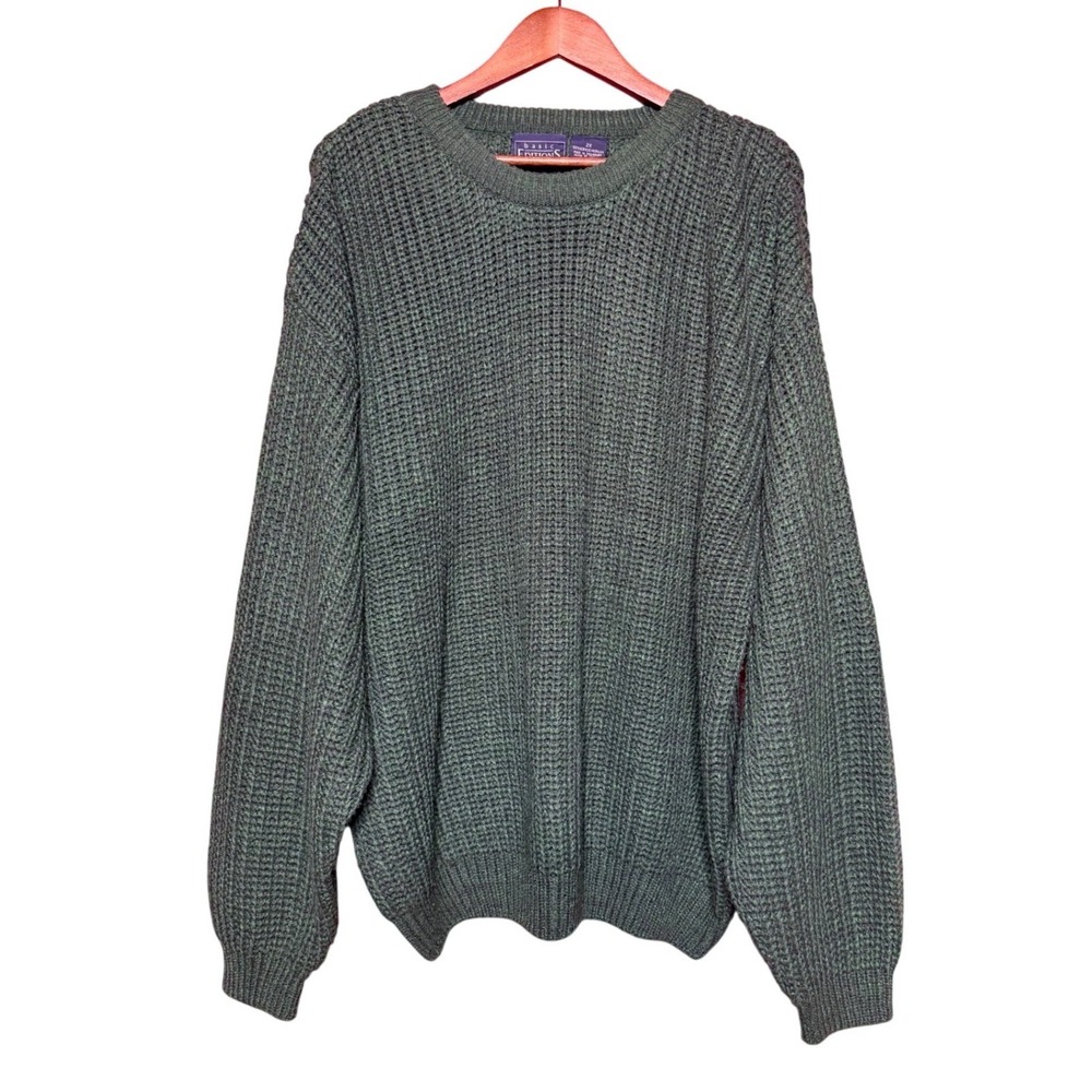 Basic Editions Waffle Knit Sweater Men 2X Green Excellent Crewneck Pullover